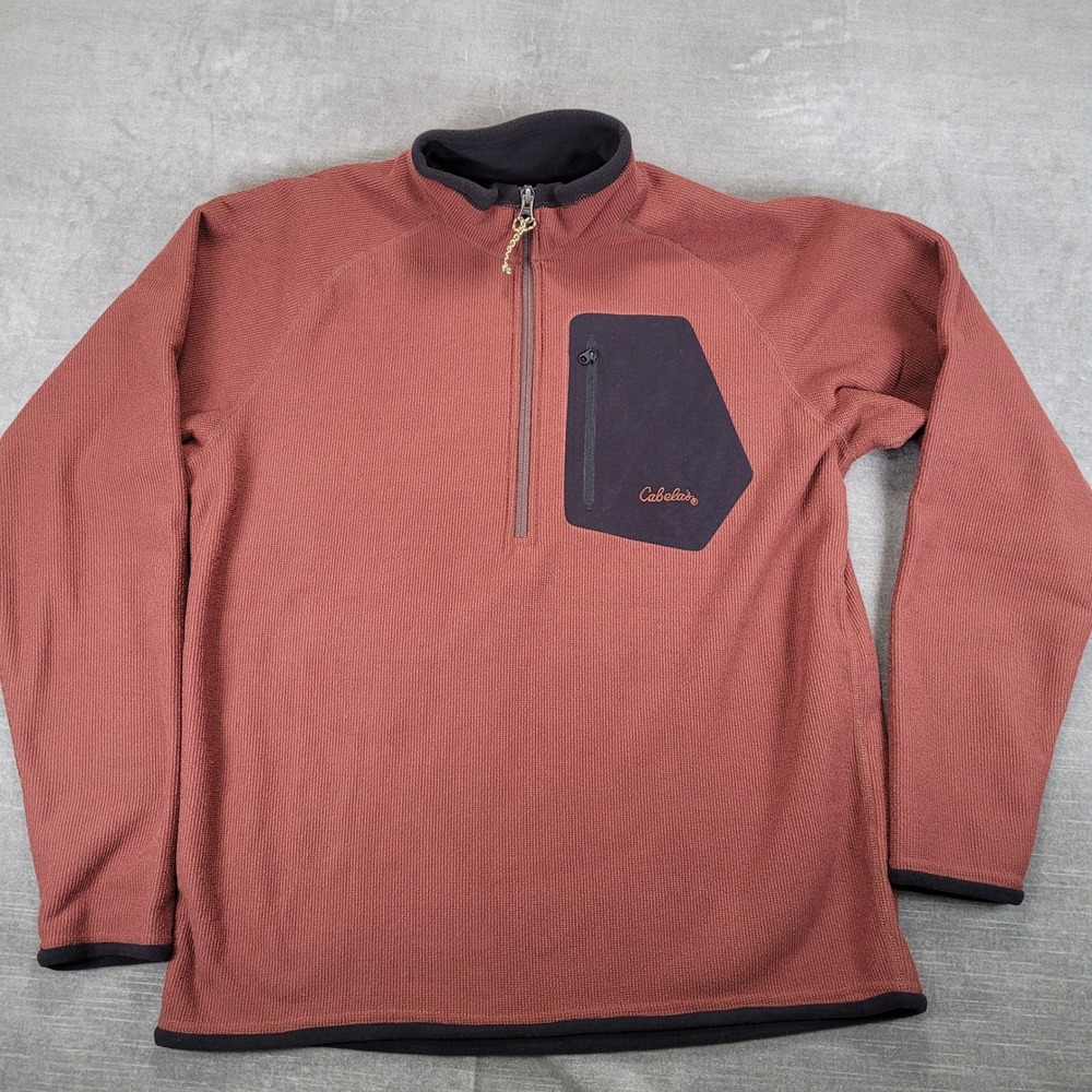 Cabelas Mens Medium Waffle Fleece Quarter Zip Pullover Rust Brown Pocket